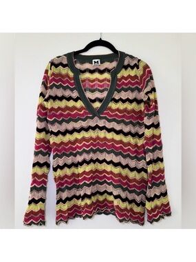 M by Missoni Multicolor V-Neck Zigzag Knit Sweater - Pink, Yellow, Black, Green